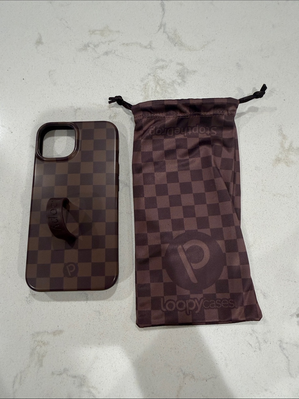 Loopy Case Brown Checkerboard Phone Case with Loop Grip and Pouch